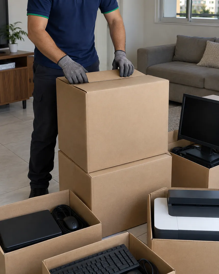 Computadores antigos, monitor, impressora e teclados organizados em caixas para a coleta
