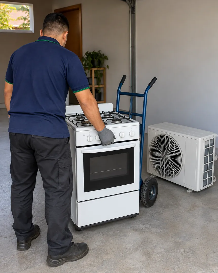 Fogão antigo e unidade externa de ar-condicionado prontos para retirada na garagem